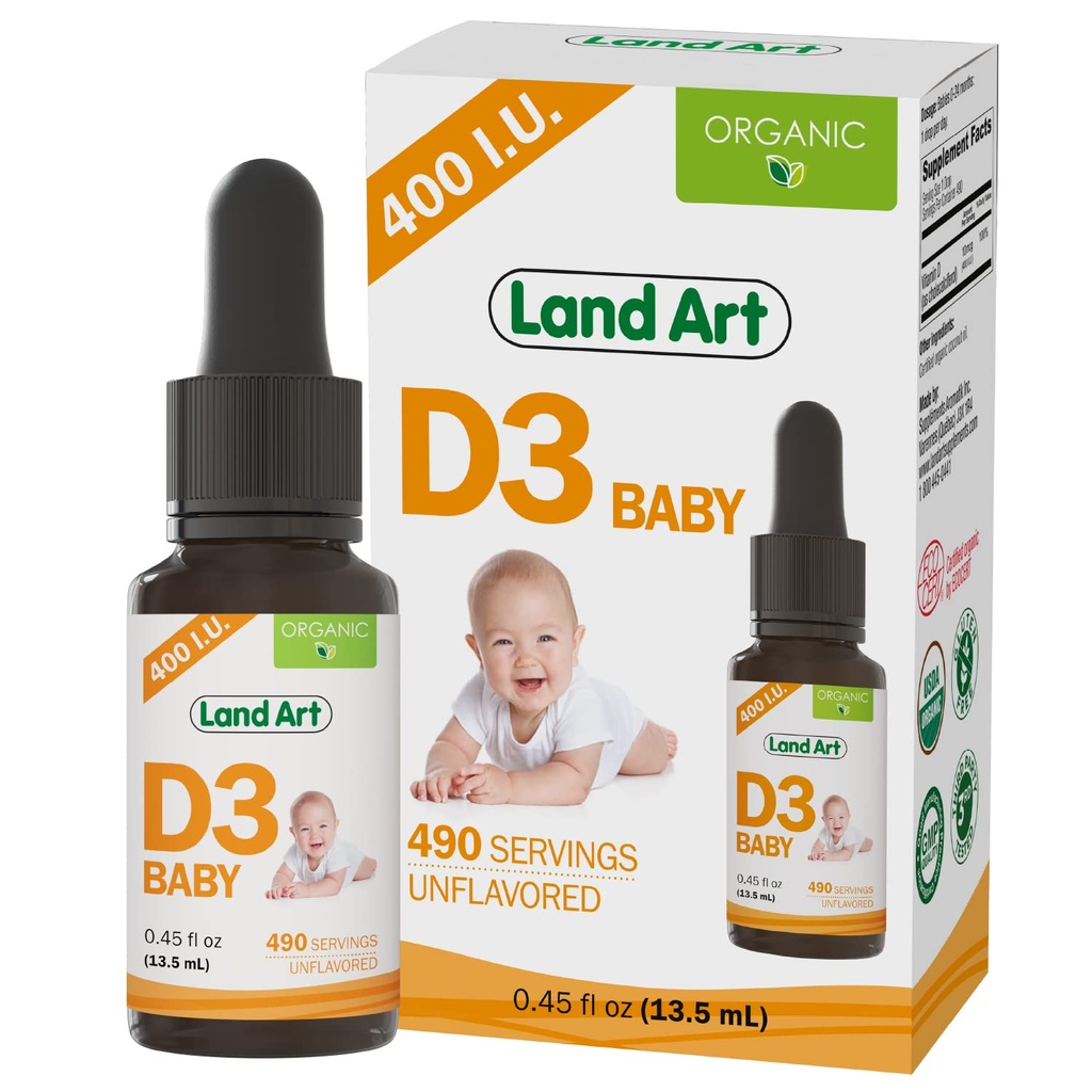 Land Art - Certified Organic Vitamine D3 Drops Baby – 400 UI par goutte – 490 portions – soutient le développement des os et des dents – gouttes de vitamine D pour nourrissons et tout-petits – sans OGM – sans gluten – 0,45 fl oz
