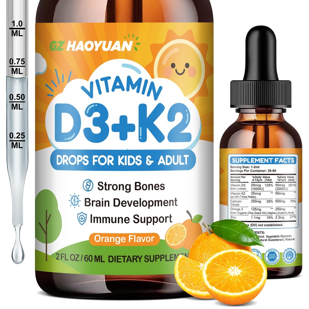Vitamin D3 K2 Drops for Kids Liquid Supplement with Calcium, Omega 3, Zinc, Vitamin D3 K2 for Calcium Absorption Healthy Bones, Brain Development & Immune System, Non-GMO, Vegan, Orange Flavor 2 Fl Oz