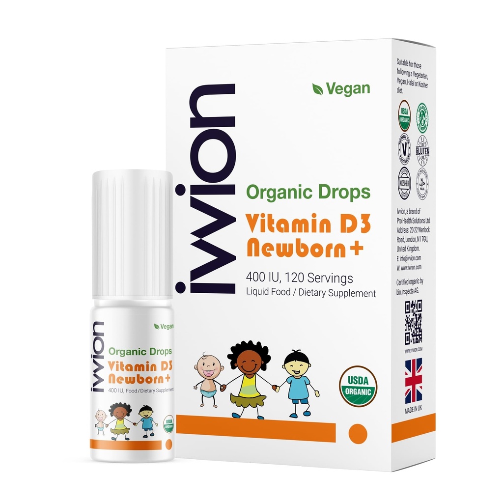 Organic Vegan 400IU, Vitamin D3, 120 Drops – Baby Drop for Infants & Toddlers | USDA Organic, Non-GMO, Plant-Based, No Additives or Preservatives, All Natural, Made in UK