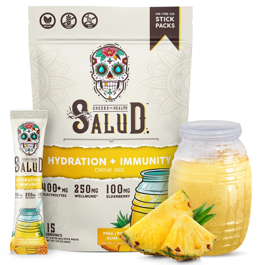 Salud 2-in-1 Hydration Packets + Immunity Electrolytes Powder, Ananas - Agua Fresca Drink Mix, Vlierbes, Dairy & Soy Free, Non-GMO, Gluten Free, Veganist, Low Calorie, 1g Sugar (15 Servers)