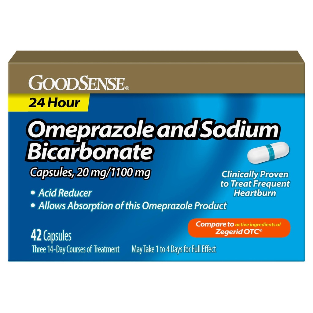 GoodSense Omeprazole and Sodium Bicarbonate Capsules, 20 mg/1100 mg, Treats Frequent Heartburn, Acid Reducer, Heartburn Medicine