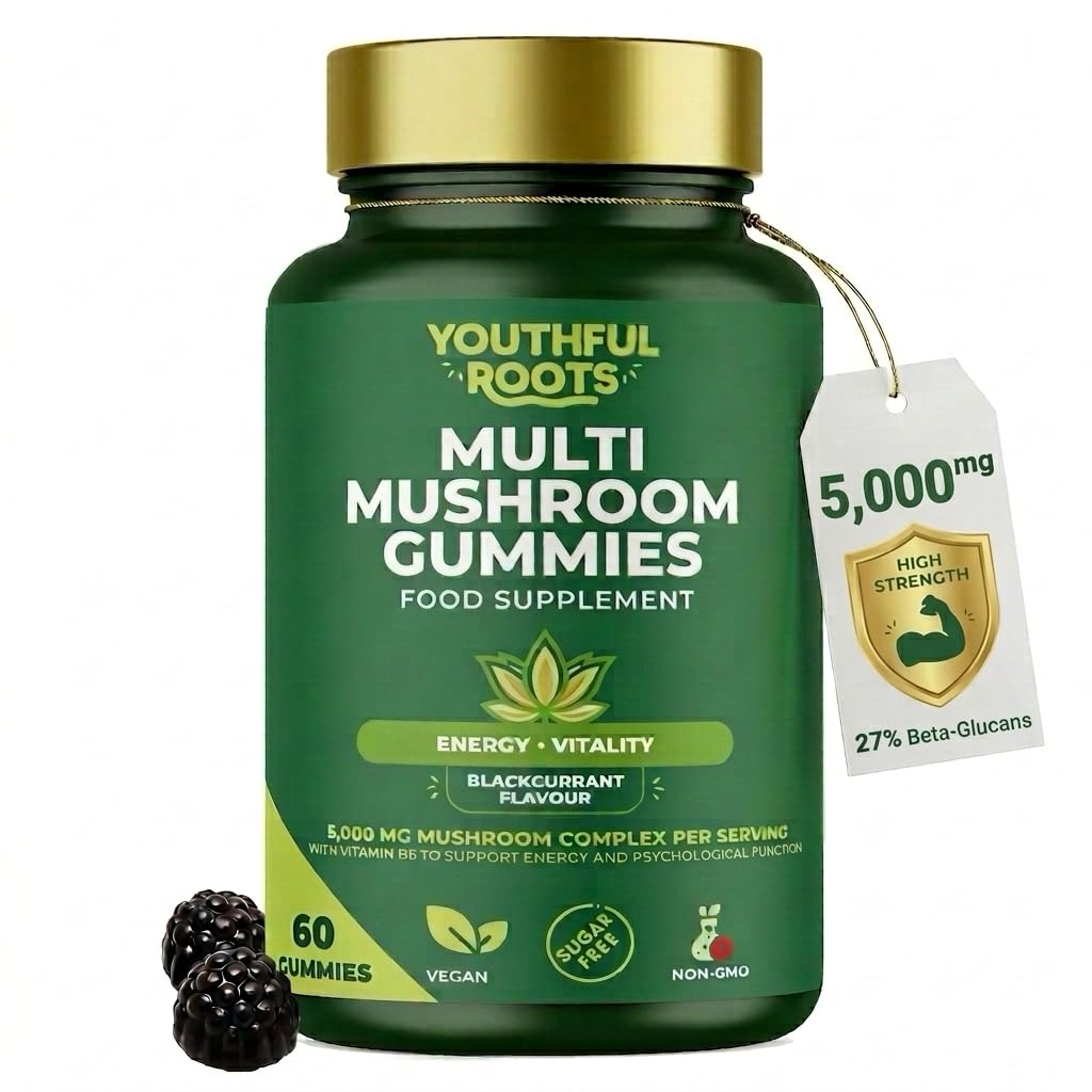 Multi Mushroom Gummies 6-in-1 with Lions Mane, Reishi, Shiitake & Vitamin B6 - Focus, Energy & Vitality - Vegan & Sugar-Free - 60 Gummies for Kids & Adults