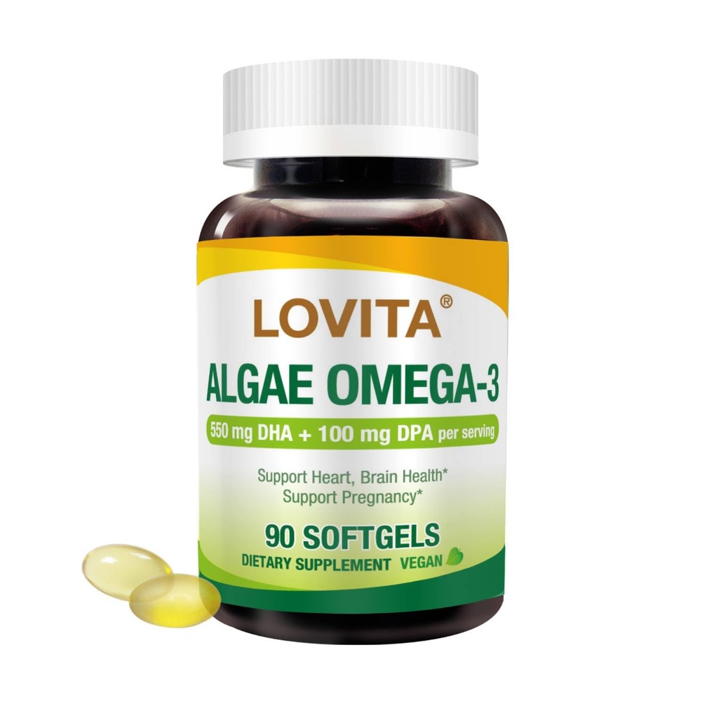 Lovita Algae Omega-3, Vegan en Plant-Based DHA & DPA, Visolie Alternative, 1000mg Algenolie, Ondersteuning Hart en Hersengezondheid, Carrageen-Free, 90 Softgels
