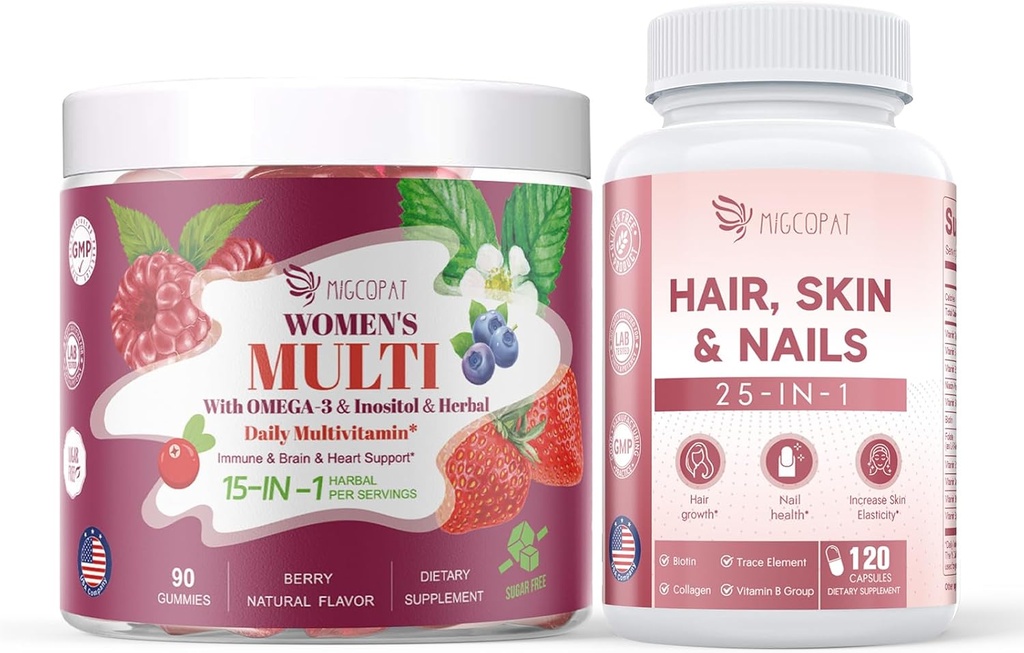 Vrouwen Multivitamine Gummies & Hair, Skin & Nails Supplement bundel, hersenen & hart ondersteuning, darm & spijsvertering, haargroei, huidgezondheid, nagelssterkte
