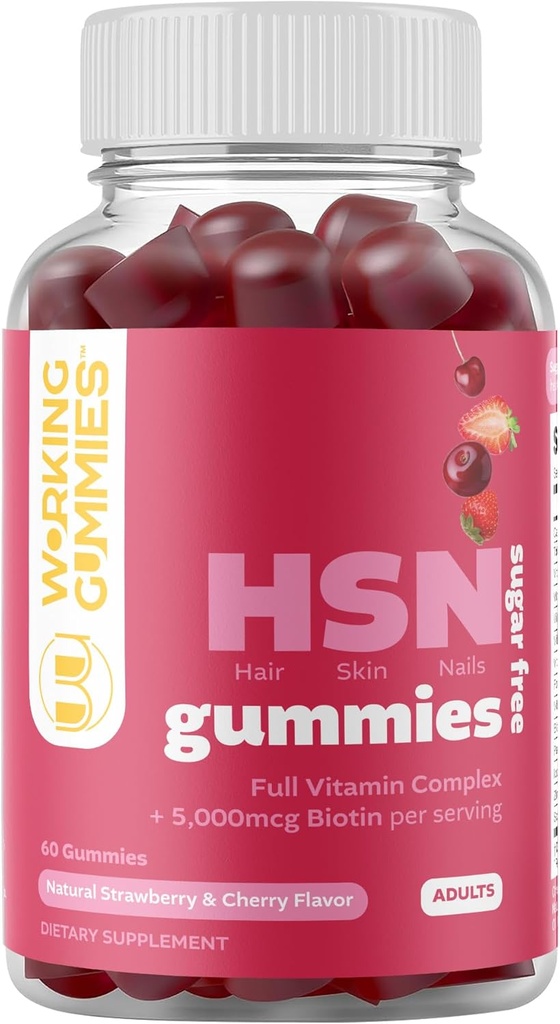 HSN Gummies - Hair Skin and Nails Gummies - Sugar Free Biotin Gummies 5000mcg met volledige vitamine complex voor haargroei, gezonde huid, Nagelsterkte - 60 Ct Aardbei & Cherry Flavor