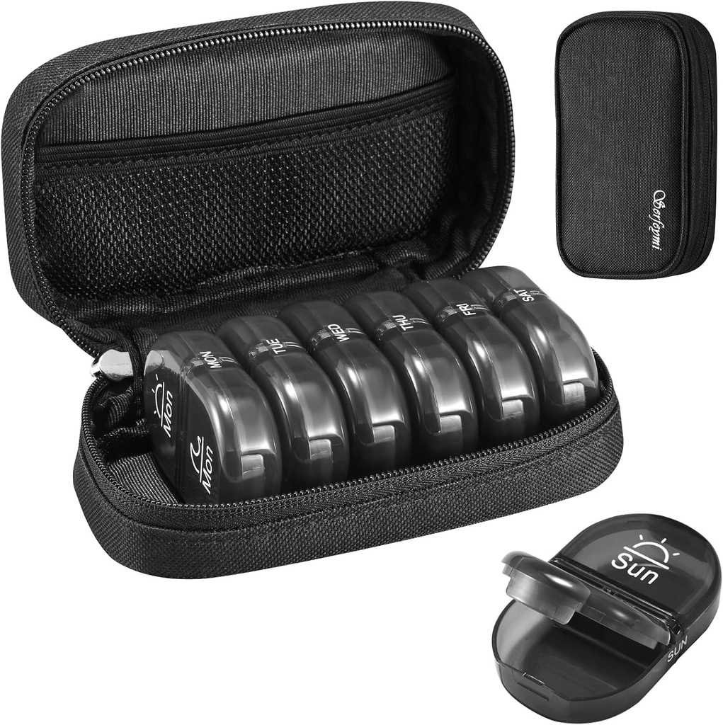 Serfeymi Weekly Travel Pill Organizer 2 keer Een dag AM PM Geupgraded Black Pill Box 7 dag met Portable Zipper Canvas Pill Case, Medicine Organizer voor pillen, Vitaminen, Supplementen, Visolie - Black 01