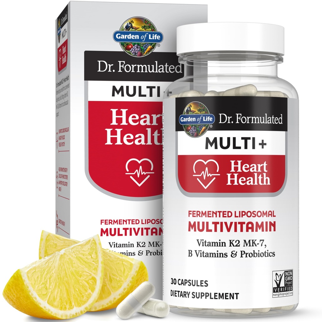 Garden of Life Dr. Formulated Multi+ Heart Health - Fermented Liposomal Multivitamin + Vitamin K2 MK-7, B Vitamins & Probiotics - One a Day for Cardiovascular & Blood Vessel Function, 30 Capsules