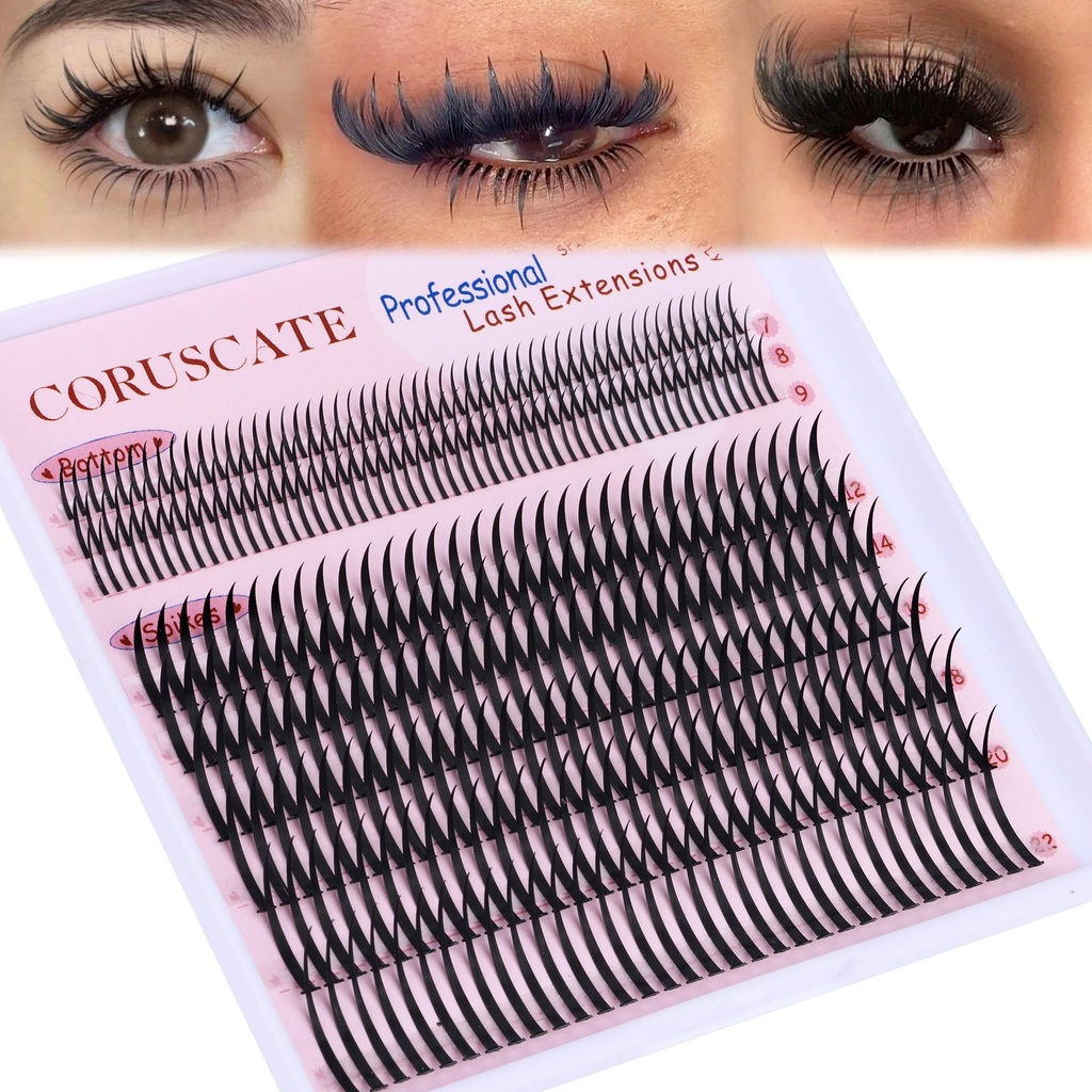 CORUSCATE Lash Clusters with Spikes Ultra Long 12-22mm Lash Spikes 7-9mm Bottom Lashes Supply Cluster Eyelash Extensions For Pros Multi-Eye Lash Styles DIY Eyelashes for Manga/Spiky/Mega Look