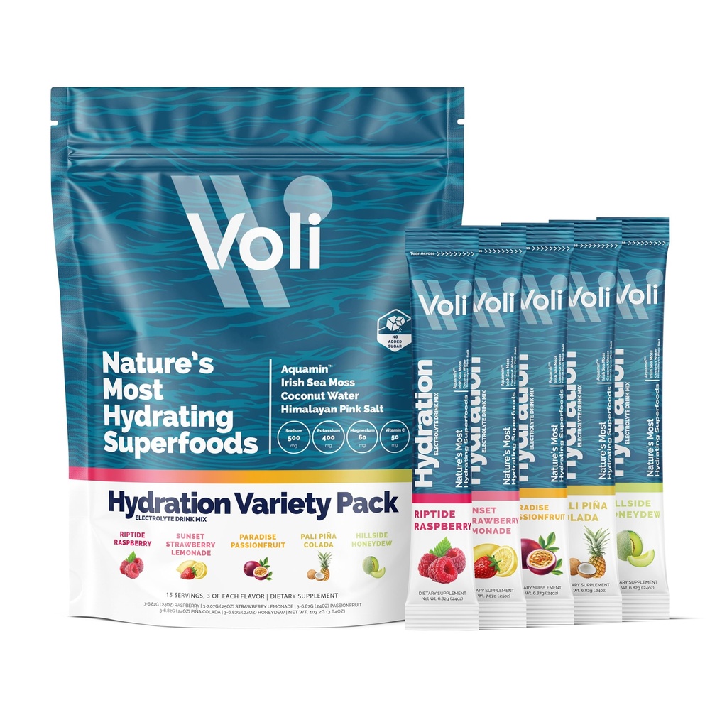 Voli Hydration Packets Electrolyte Drink Mix | Sea Moss, Aquamin, Coconut Water & Himalayan Salt | No Added Sugar, Keto Friendly | Variety Pack, 15 Count