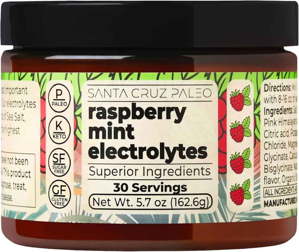 Santa Cruz Paleo Electrolyte Powder, Raspberry Mint Flavor, Sugar Free Hydration Drink Mix with Himalayan Pink Salt, Sea Salt, Magnesium Glycinate, Potassium Chloride, Sweetened with Stevia, 30 Srvgs