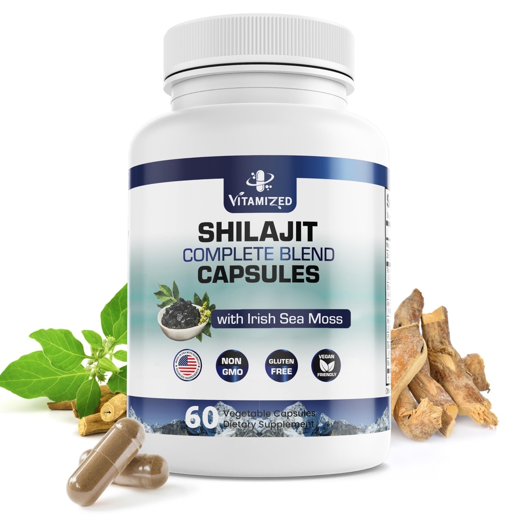Pure Himalayan Shilajit pour les hommes et les femmes - 10 000mg Shilajit Ashwagandha Suppléments + Irish Sea Moss, Tongkat Ali, PQQ et plus - 60 Capsules