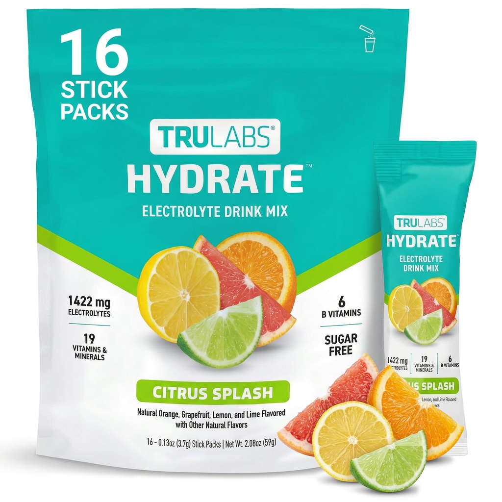 TRULABS Hydrate Electrolyte Drink Mix – Citrus Splash Flavor, Sugar-Free Hydration Packets with 1422 mg Electrolytes & 19 Vitamins & Minerals, Monk Fruit Sweetened, On-the-Go Sticks (16 Count)