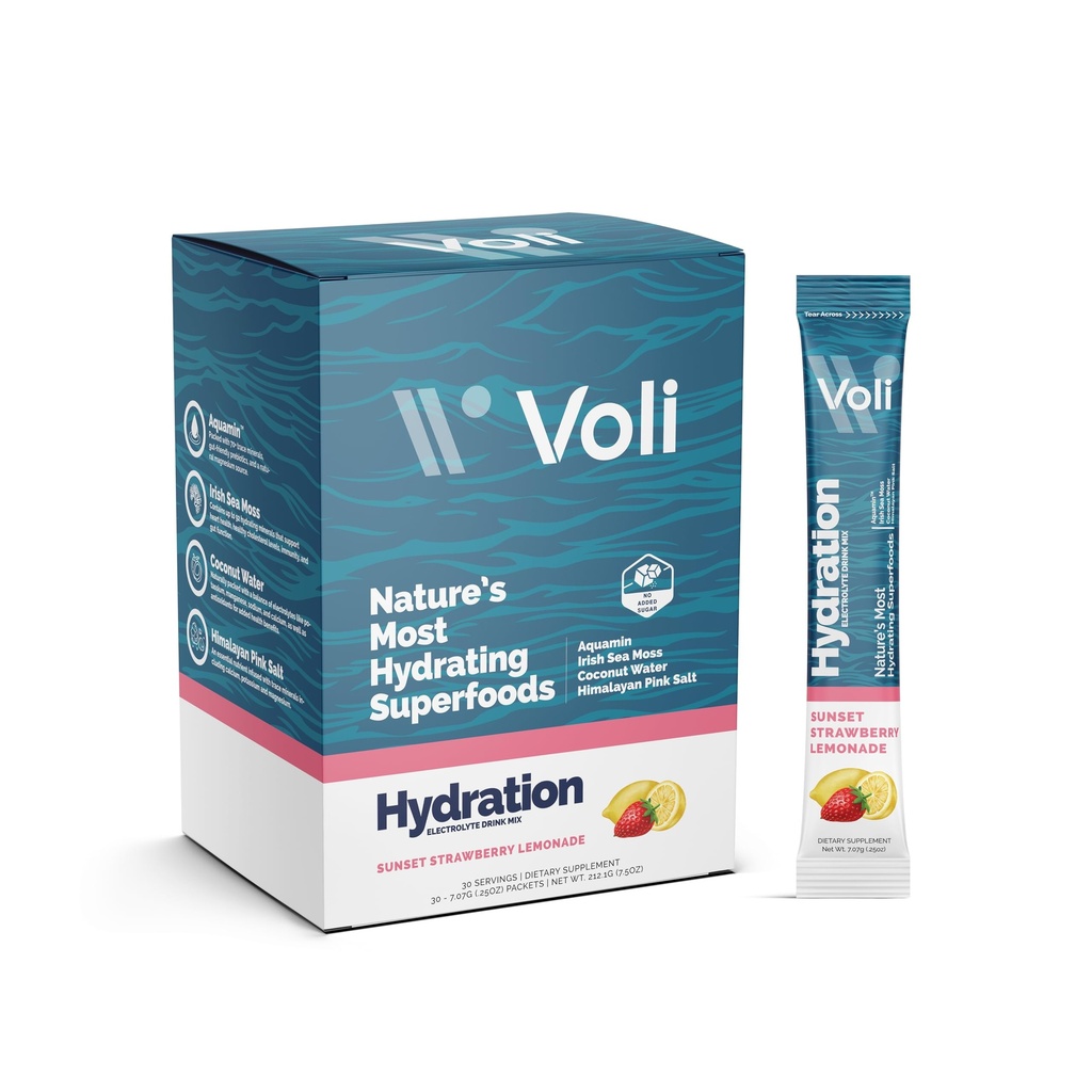 Voli Electrolytes Powder Packets | No Added Sugar Electrolyte Drink Mix for Hydration | Keto & Fasting Friendly, Natural Superfoods & Minerals | Strawberry Lemonade, 30-Count