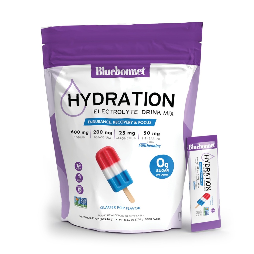 BlueBonnet Nutrition Hydration Electrolyte Drink Mix – 5 Essential Electrolytes & L-Theanine – Sugar Free, Non-GMO Project Verified – Glacier Pop Flavor – 14 Stick Pack