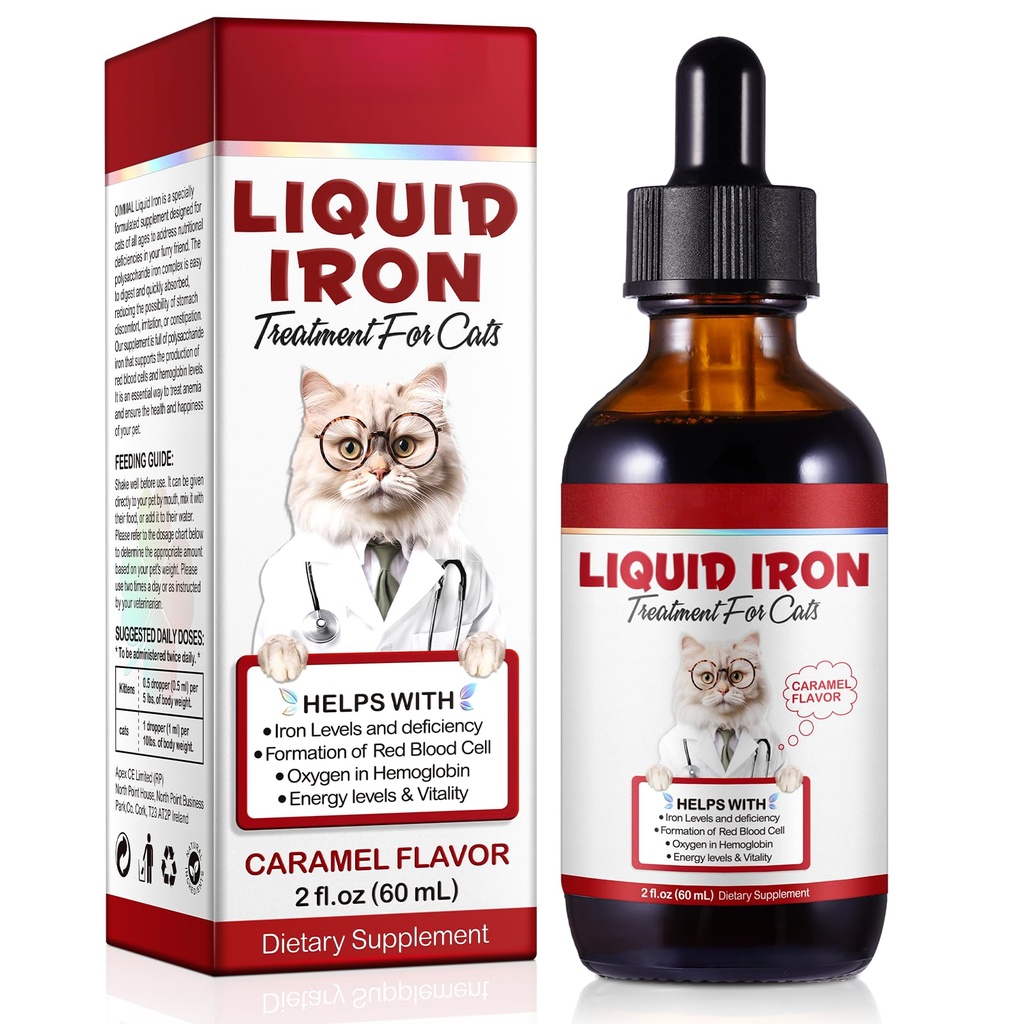 Liquid Iron for Cats, Liquid Iron Drops for Cats Supports Anemia, Low Enery Levels and Lethargy Cats- Verbeter energieniveaus en vitaliteit, Pet Supplies Cat Vitamine Supplement, Caramel Flavor - 2 fl.oz