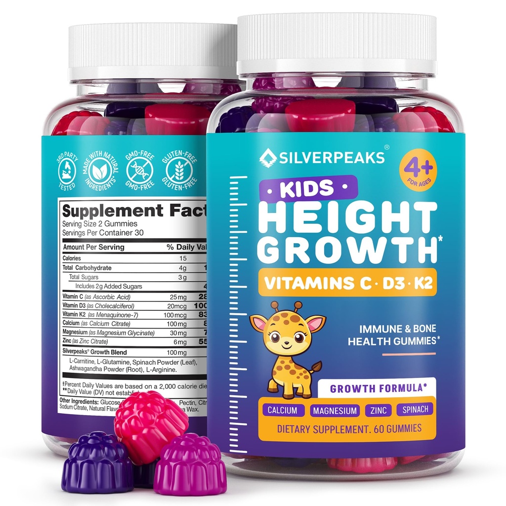 Gommies de croissance en hauteur pour les enfants - Vitamines de croissance pour les adolescents, augmentation de la taille Multivitamine pour les garçons et les filles avec vitamine Calcium D C K2 Magnésium Zinc, supplément naturel de croissance en hauteur, 60 PCS