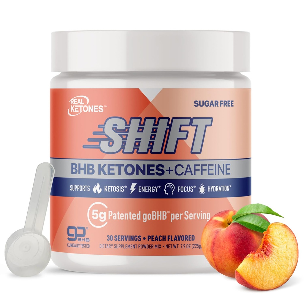 Real Ketones BHB Exogenous Ketones Energy Powder Sugar Free Electrolyte Powder with 4 Main Fasting Electrolytes & Hydrating Patented BHB Ketones for Energy & Focus (Peach, 30 Servings)