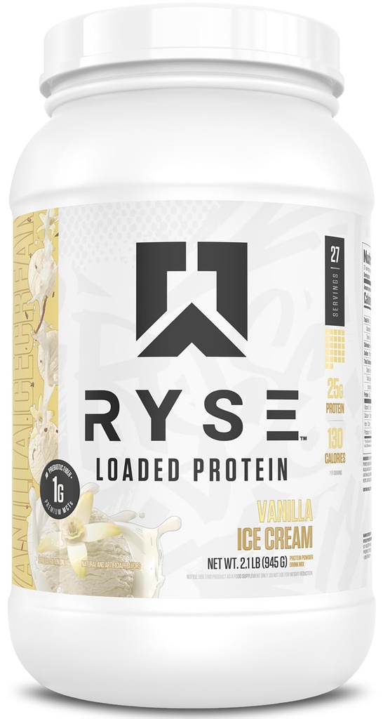 RYSE Loaded Protein Powder - Vanilla Ice Cream - 25g Whey Protein Isolate & Concentrate with Prebiotic Fiber & MCTs - Low Carb, Low Sugar, Digestive-Friendly - 27 Servings / 2 lb Tub