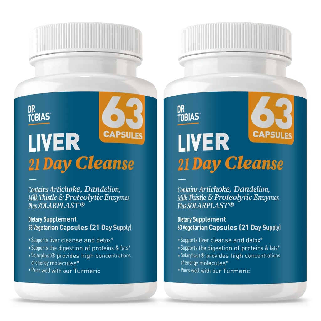 Dr. Tobias Lever 21 dagen Reiniging, Herbal Lever Detox Reiniging met Solarplast, Artichoke Extract, Melkdistel, Dandelion Extract & Digestieve Enzymen, 63 Plantaardige Capsules, 3 Dagelijks, Verpakking van 2