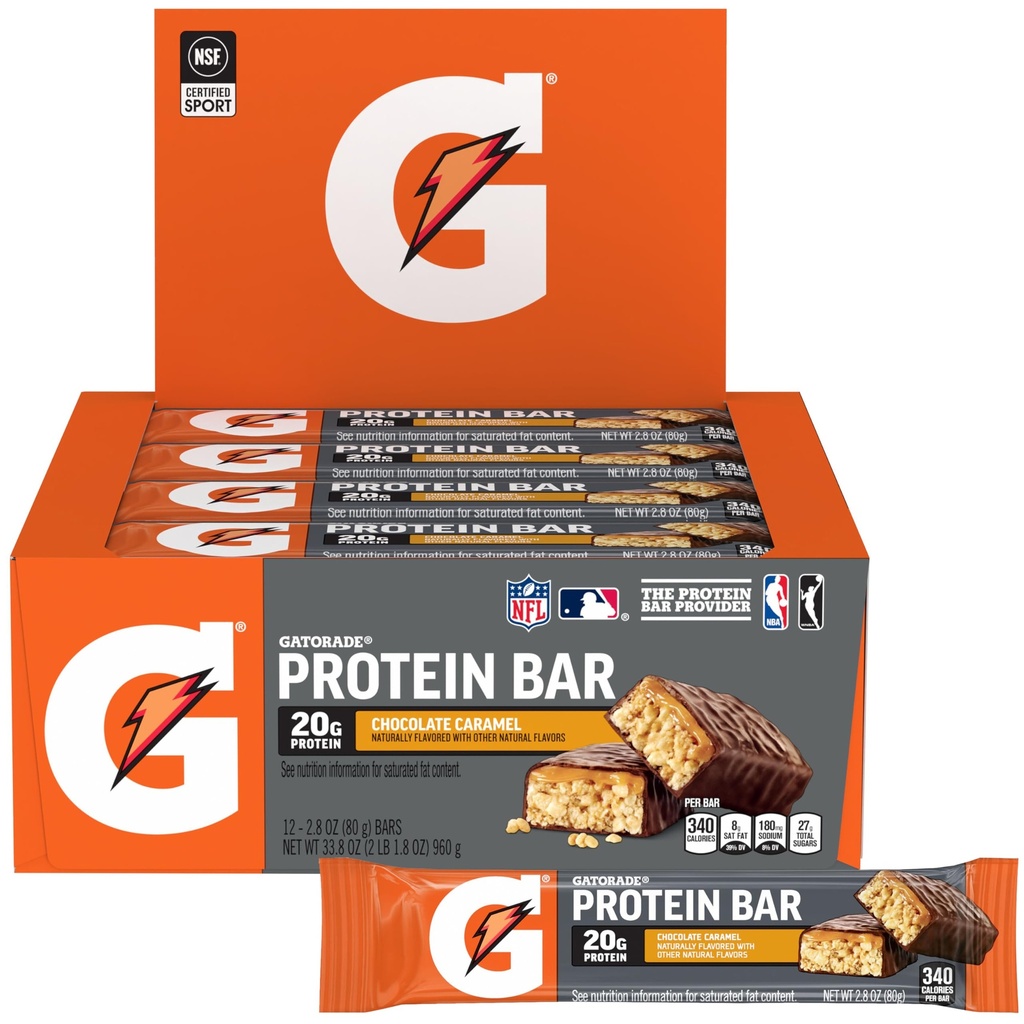 Gatorade Whey Protein Bars, Chocolate Caramel, 2.8 oz bars (Pack of 12, 20g of protein per bar)