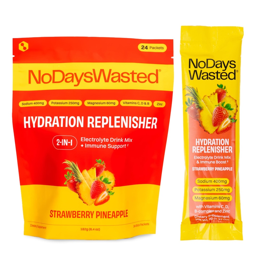 Hydration Replenisher Electrolyte Replacement Stick Packets| Essential Rapid Hydration & Vitamins | Sodium, Potassium, Magnesium, Vitamins B, C, D, Zinc | Strawberry Pineapple 24 Pack