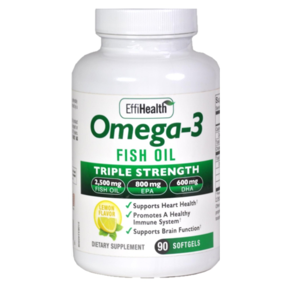 EffiHealth Omega-3 Huile de poisson - Triple Strength 2500mg Huile de poisson, 1200mg EPA, 600mg DHA - Soutien à la santé cardiaque, à la santé cérébrale et immunitaire – Saveur de citron, huile de poisson sans Burp