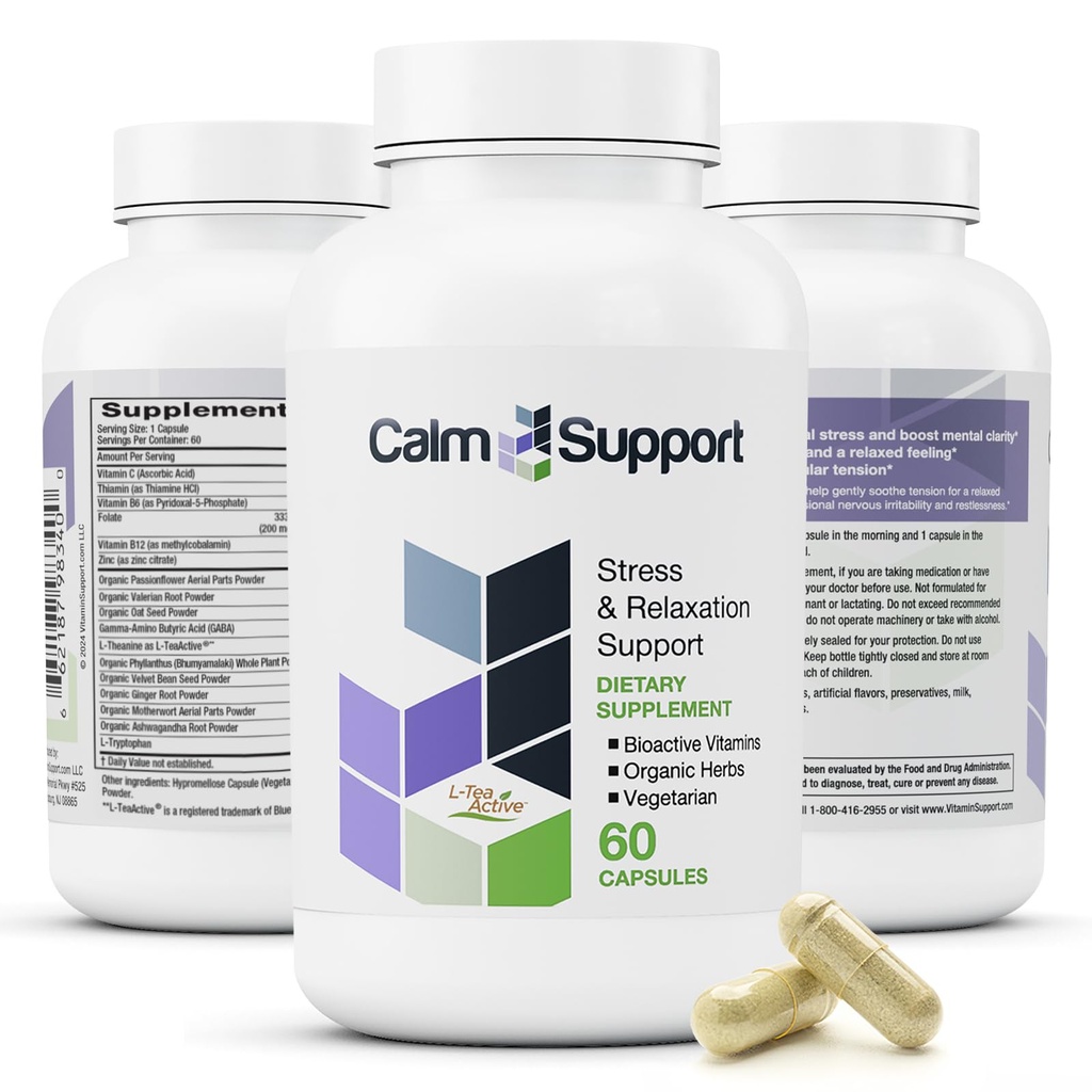 CalmSupport: Stress & Relaxation Support - Ashwagandha, Passiebloem, Valeriaanwortel, Ginger, GABA, Velvet Bean, Motherwort, Haverzaad, Phyllanthus, L-Theanine, L-Tryptofaan, Folate, C,B1,B6,B12,Zinc