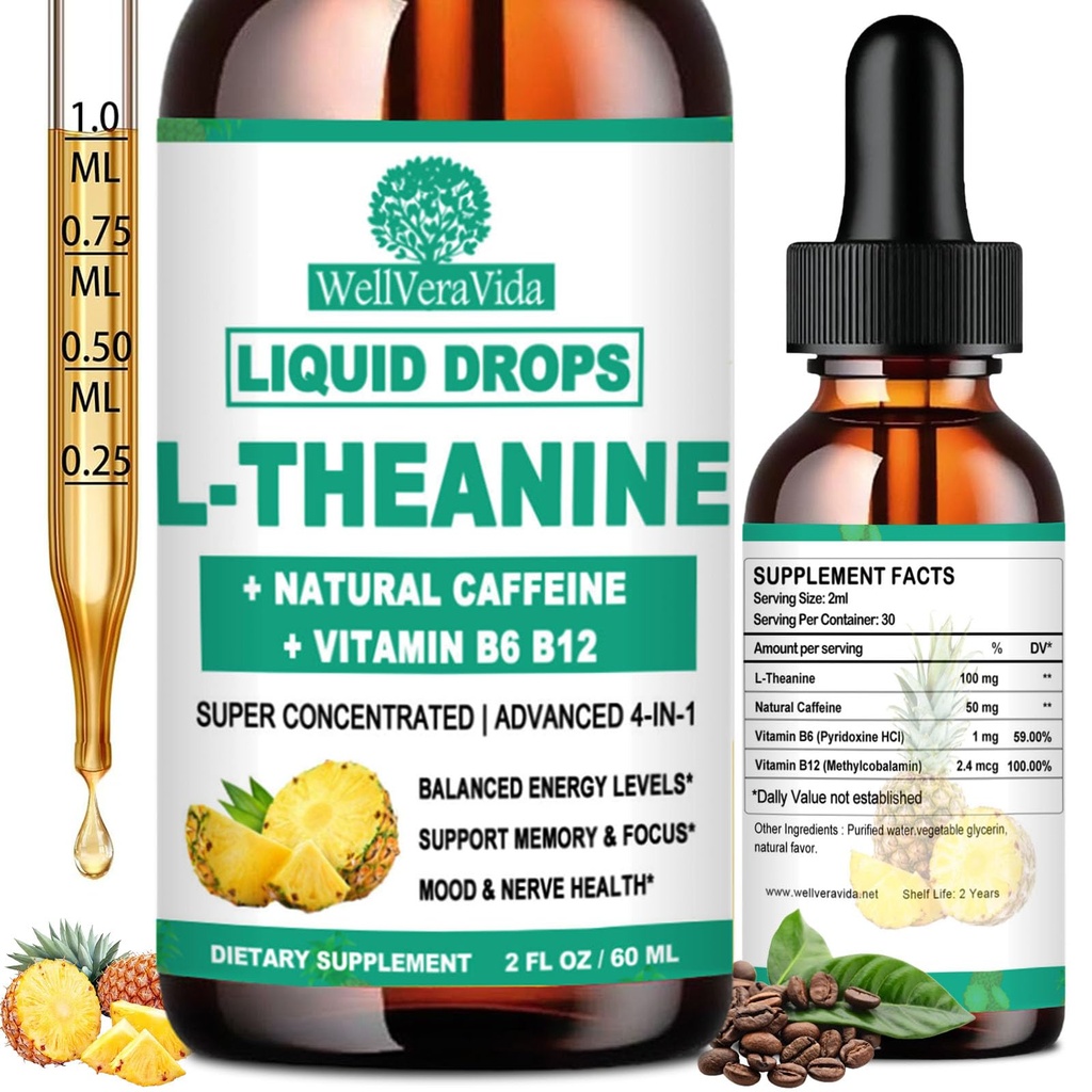 WellVeraVida L Theanine Caffeine Liquid Drops, High Potency L-Theanine 100mg w. Caffeine Vitamin B12 B6, Natural Nootropic Brain for Smooth Energy Focus Alertness, 6X Stronger Than Pills Powder Gum
