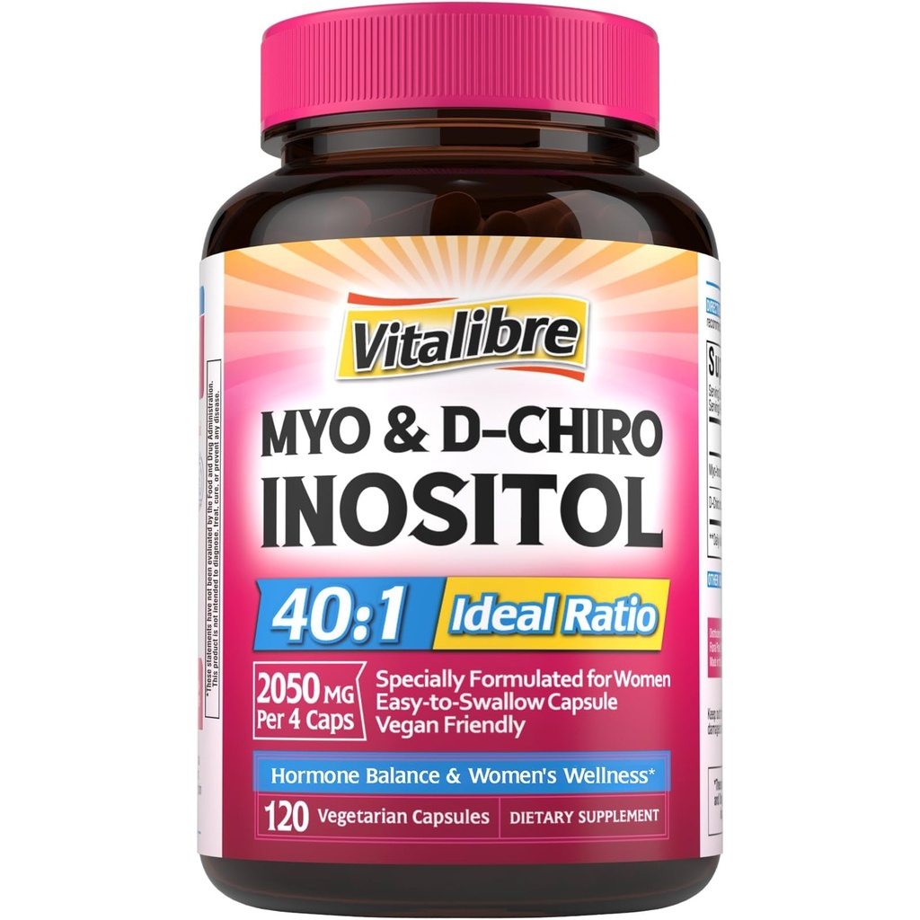 Supplément Inositol, Myo-Inositol et D-Chiro Suppléments de fertilité Inositol pour femmes, rapport idéal 40:1, équilibre hormonal et soutien ovarien, 120 capsules véganes