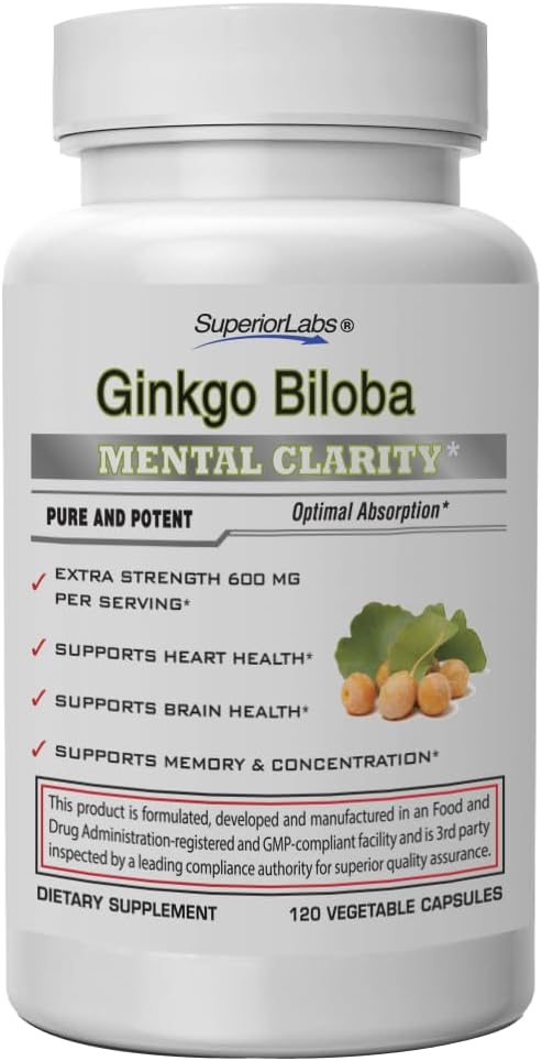 SuperiorLabs Ginkgo Biloba 1200 mg, Non-GMO, Black Pepper voor verhoogde absorptie, Ginkgo Extract, Verbetert Geheugen & Focus, Circulatie Booster, Natuurlijke Antioxidant Nootropic, 120 Veg Caps