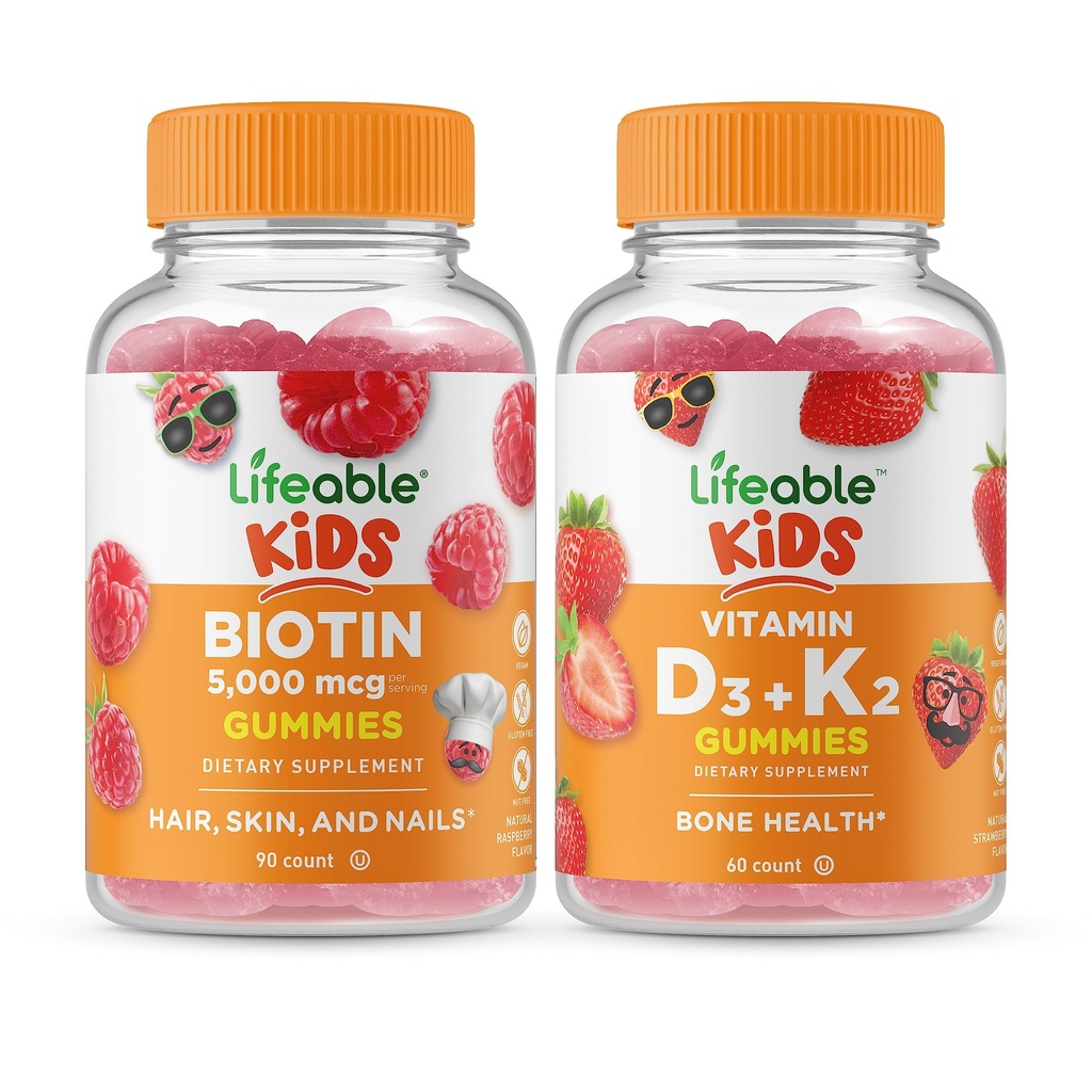 Biotine Lifeable Enfants + Vitamine D3 + Vitamine K2 Enfants, Gummies Bundle - Grande dégustation, supplément de vitamine, sans gluten, sans OGM, Gummy à croquer