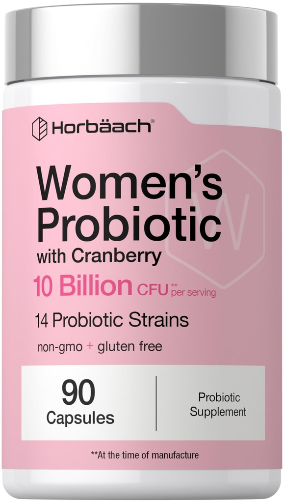 Horbäach Women's Probiotic with Cranberry Supplement | 10 Billion CFU | 14 Probiotic Strains | 90 Capsules | Non GMO, Gluten Free