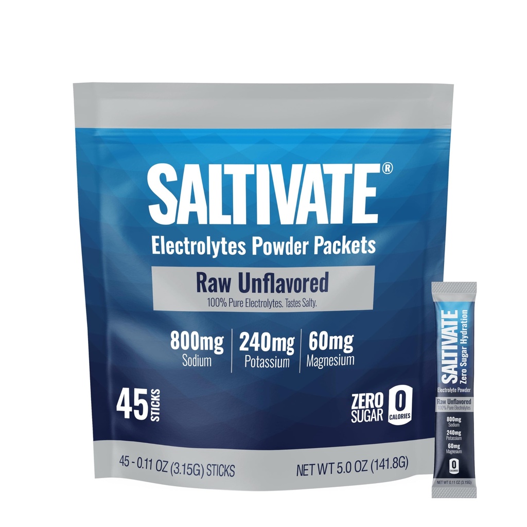 Raw Unflavored Electrolyte Packets | 800mg Sodium | Zero Sugar & Stevia Free Electrolytes Powder | Hydration for Sweat Recovery, Fasting, POTS | Makes 32 Fl Oz (Pack of 45) | Made in USA