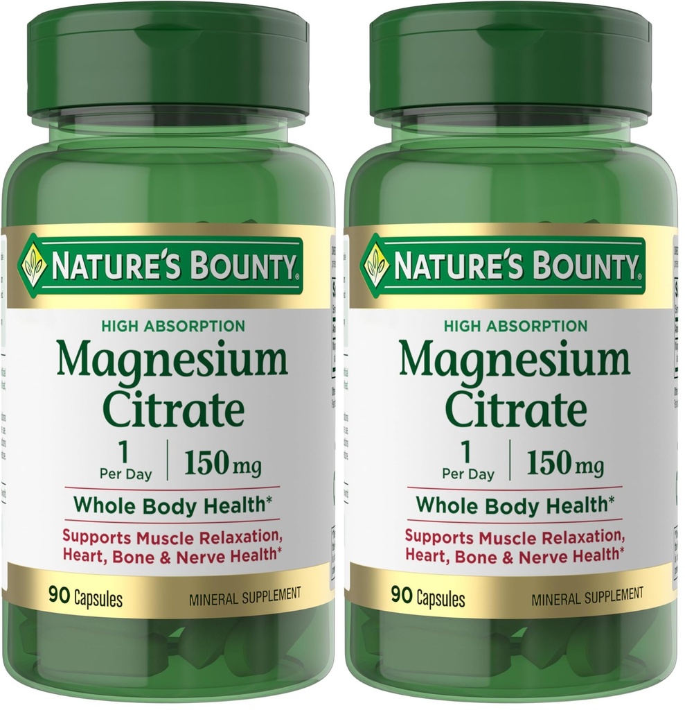 Nature’s Bounty Magnesium Citrate, High Absorption Magnesium Supplement for Whole Body Health with 150 mg Magnesium, Vegetarian, Gluten Free, 90 Capsules (Pack of 2)