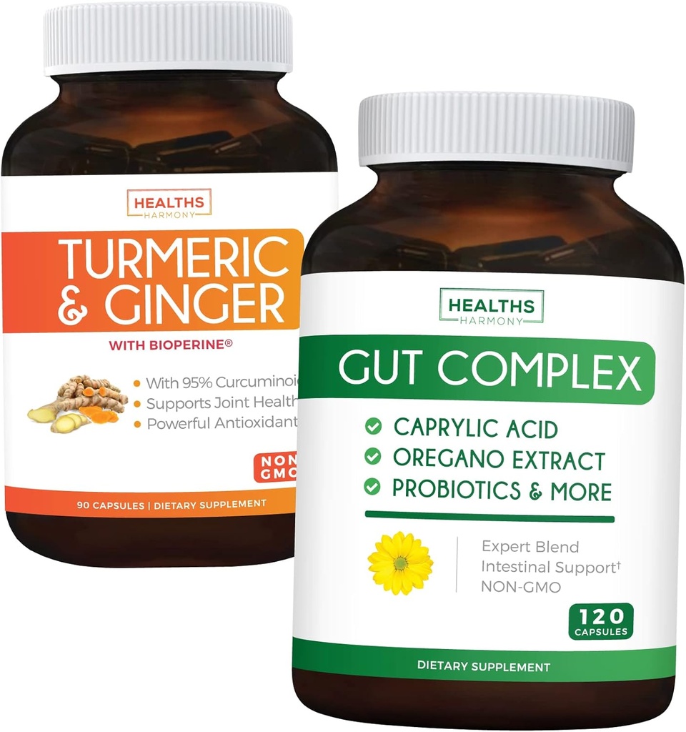 Bespaar $11 (23% korting) - Gut Balance Bundle - Gut Complex met Caprylzuur voor Balanced Gut Health & Probiotic Support (120 Capsules) & Turmeric & Gember met 95% Curcuminoïden & Bioperine (90 Capsules)
