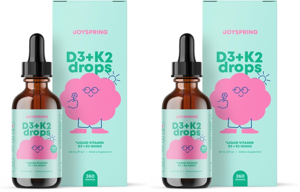 JoySpring Vitamin D3 Kids Drops with K2 – Liquid Supplement for Calcium Absorption & Joint Health – 360 Servings (2 fl oz) – Vitamin D Kids Ages 3-18 (Pack of 2)