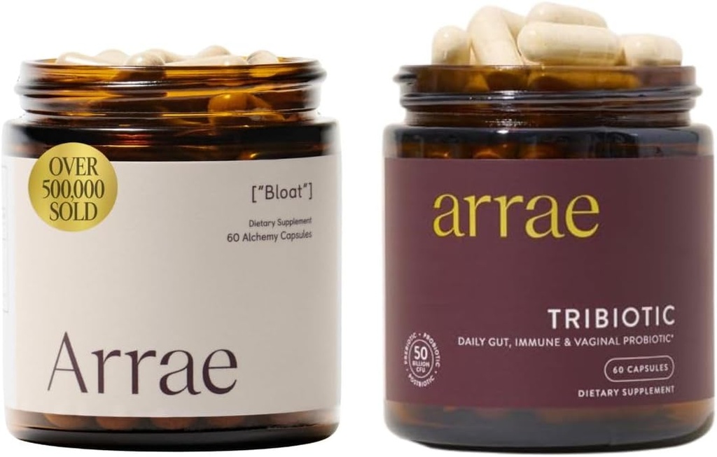 Arrae Bloat + Tribiotic Bundle, Bloating Relief Digestive Enzymes, Gas & Indigestie Relief, Probiotica voor vrouwen, Ondersteuning voor Vaginale pH-balans, Immune, en Vrouwelijke Gezondheid, 60 Capsules Elke