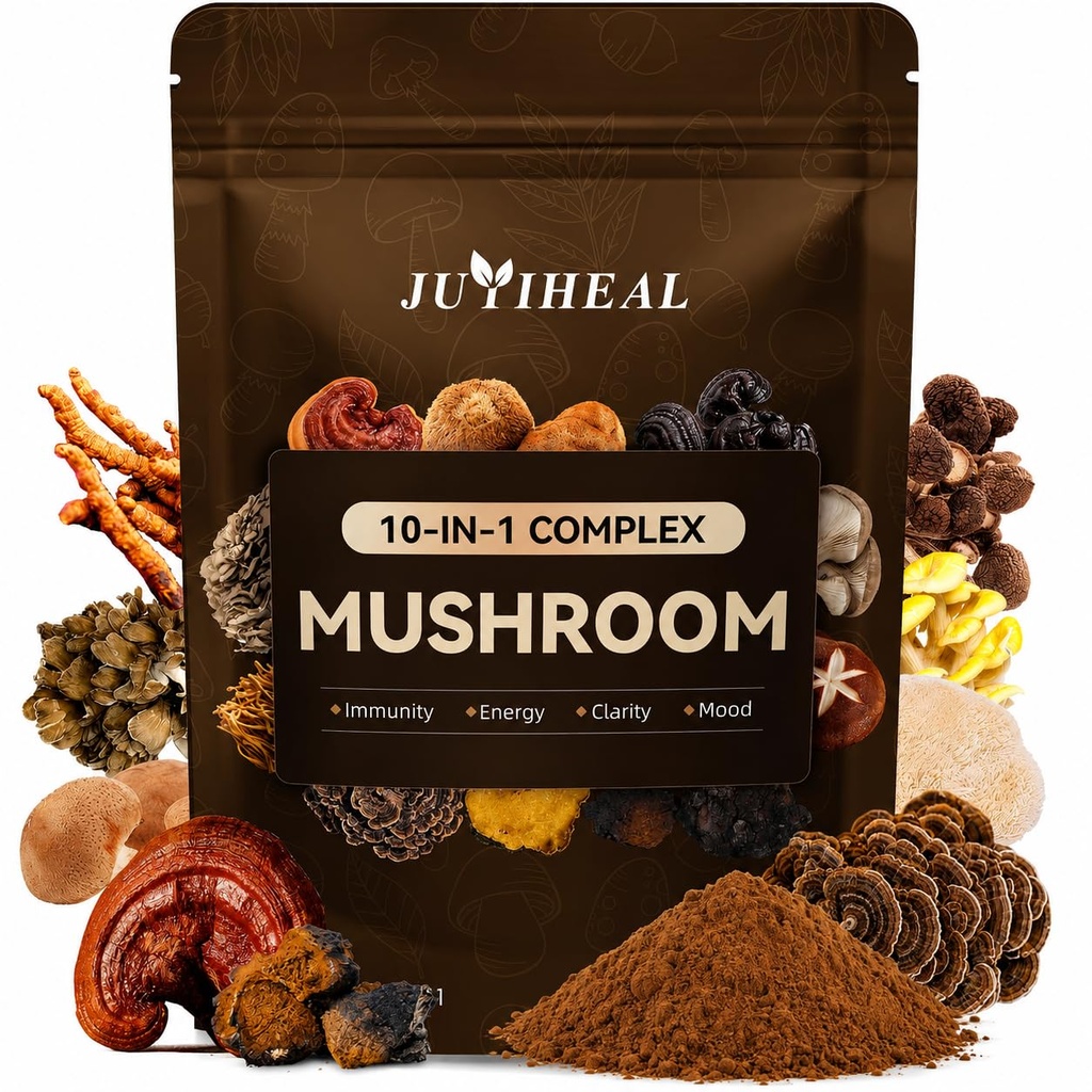 10-in-1 Mushroom Powder, Organic Mushroom Complex - Lions Mane, Reishi, Shiitake, Chaga, Turkey Tail, Cordyceps & More, Mushroom Supplement Powder for Energy, Memory, Focus & Immune Support - 60g