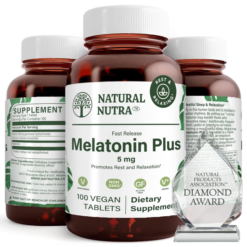 Natural Nutra Vegan Melatonin 5mg with Vitamin B6, Fast Dissolve, Melatonin with Calcium for Optimal Sleep, Promoting More Restful Sleep, Gluten Free, Non GMO, 100 Tablets
