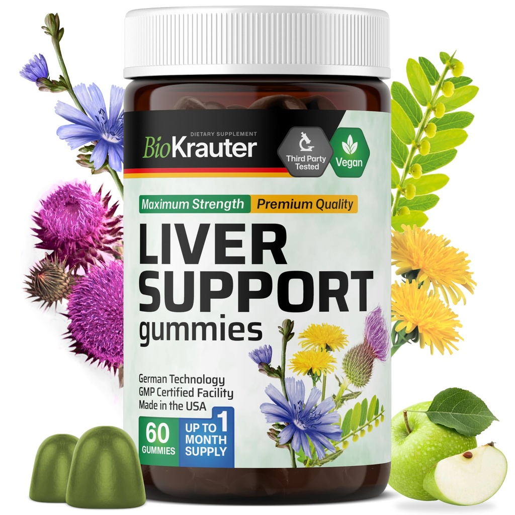 BIO KRAUTER Leversupplement Gummies - 60 Vegan Chews w/Milk Thistle, Dandelion Root for Liver Cleanse & Detox - 80% Silymarin