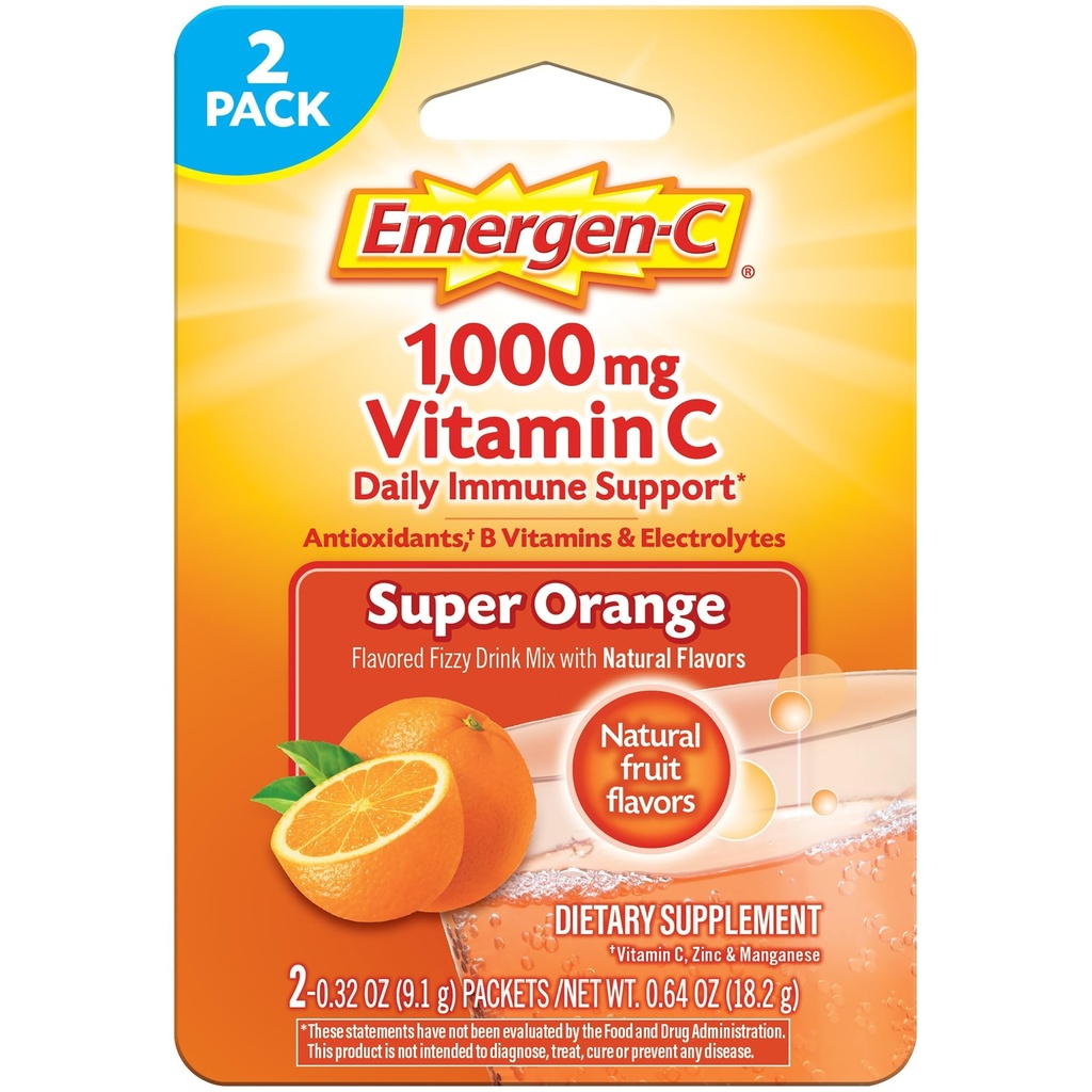 Emergen-C 1000mg Vitamin C Powder for Daily Immune Support Caffeine Free Vitamin C Supplements with Zinc and Manganese, B Vitamins and Electrolytes, Super Orange Flavor - 2 Count