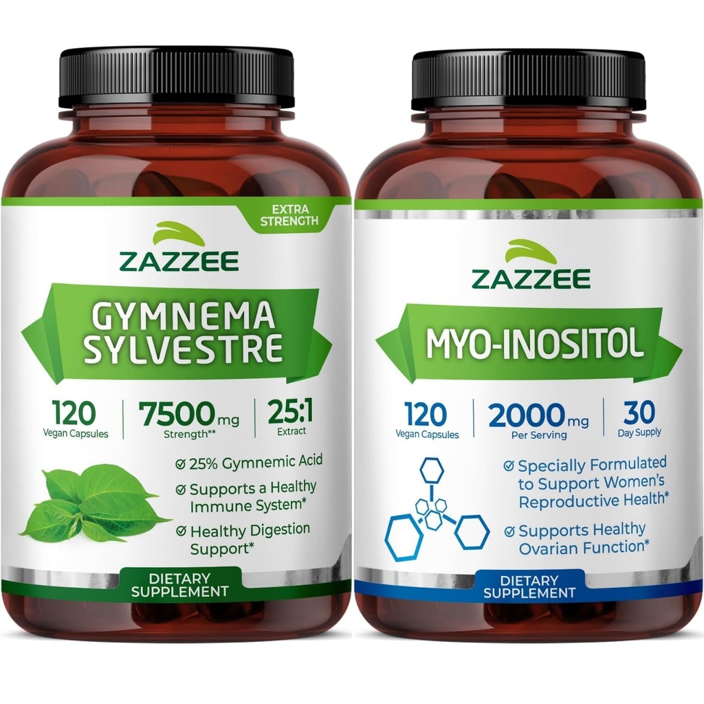 Zazzee Inositol and Organic Gymnema Sylvestre Extract Capsules | Pure Inositol Capsules Plus Gymnema Sylvestre Supplement | GlucoBalance Support Bundle