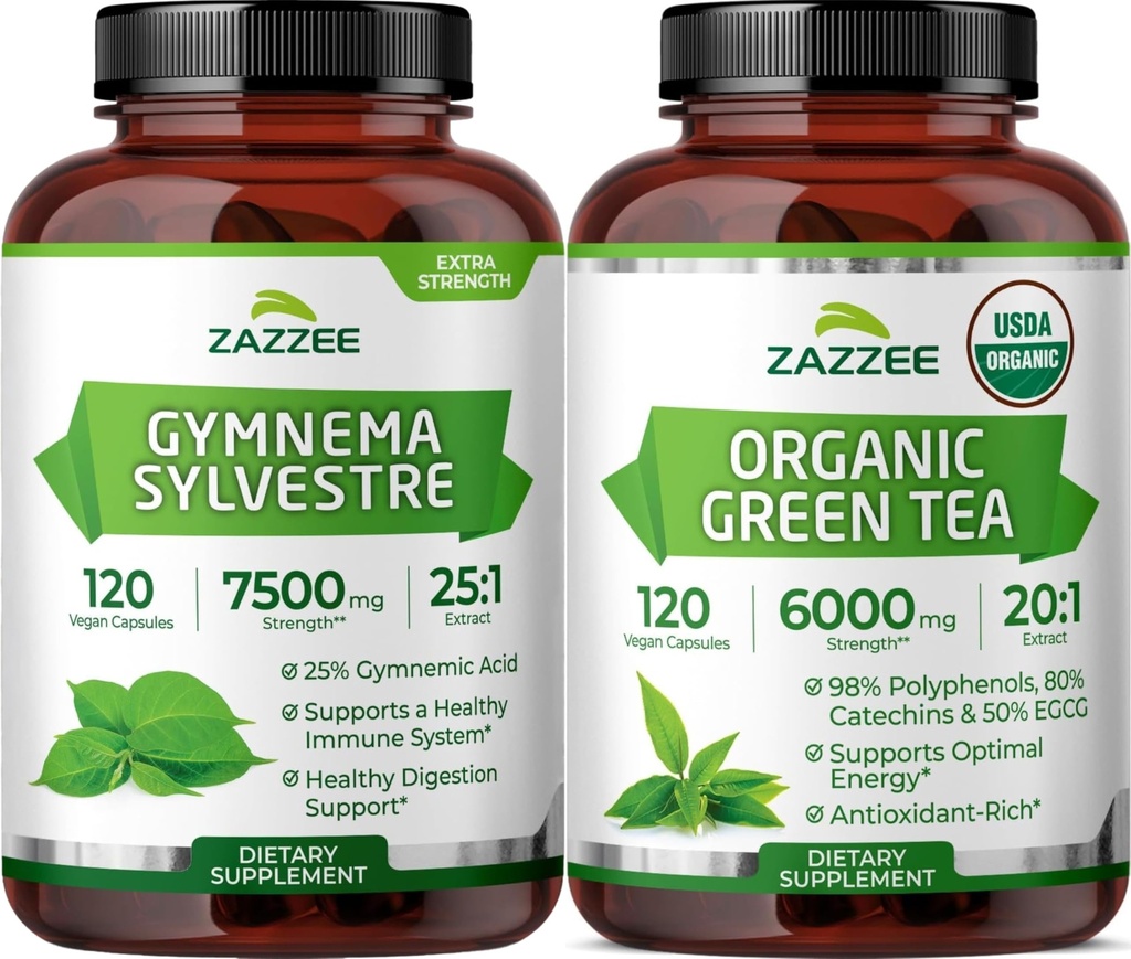 Zazzee Organic Green Tea & Gymnema Sylvestre Extract Capsules | Herbal GlucoMetabolism Balance Support Bundle (120 Servings Each)