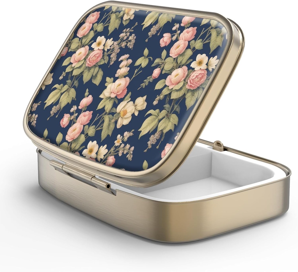 Pill Case Pill Box met Mirror Retro 2 Compartiment Kleine pil Case voor Purse of Pocket Bronze Rechthoekige Pill Box of vitamines, Visolie, Supplementen, Pill Bevat reizen geschenken(Retro Rose Floral)