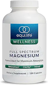 Equilife Full Spectrum Magnesium Supplement, Magnesium Glycinate, Citrate, & Malate, Bioavailable Mineral Blend, Dairy, Soy, & Gluten Free, Vegan, Non GMO, 180 Capsules