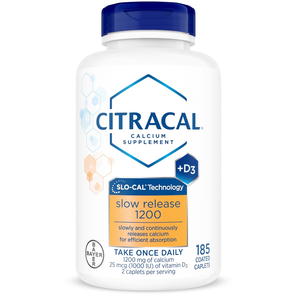 Citracal Slow Release- Calcium 1200 mg met vitamine D3, Magnesium, Calciumsupplement, Bone Health Support, Eenmaal daags Caplet, 185 Tellen