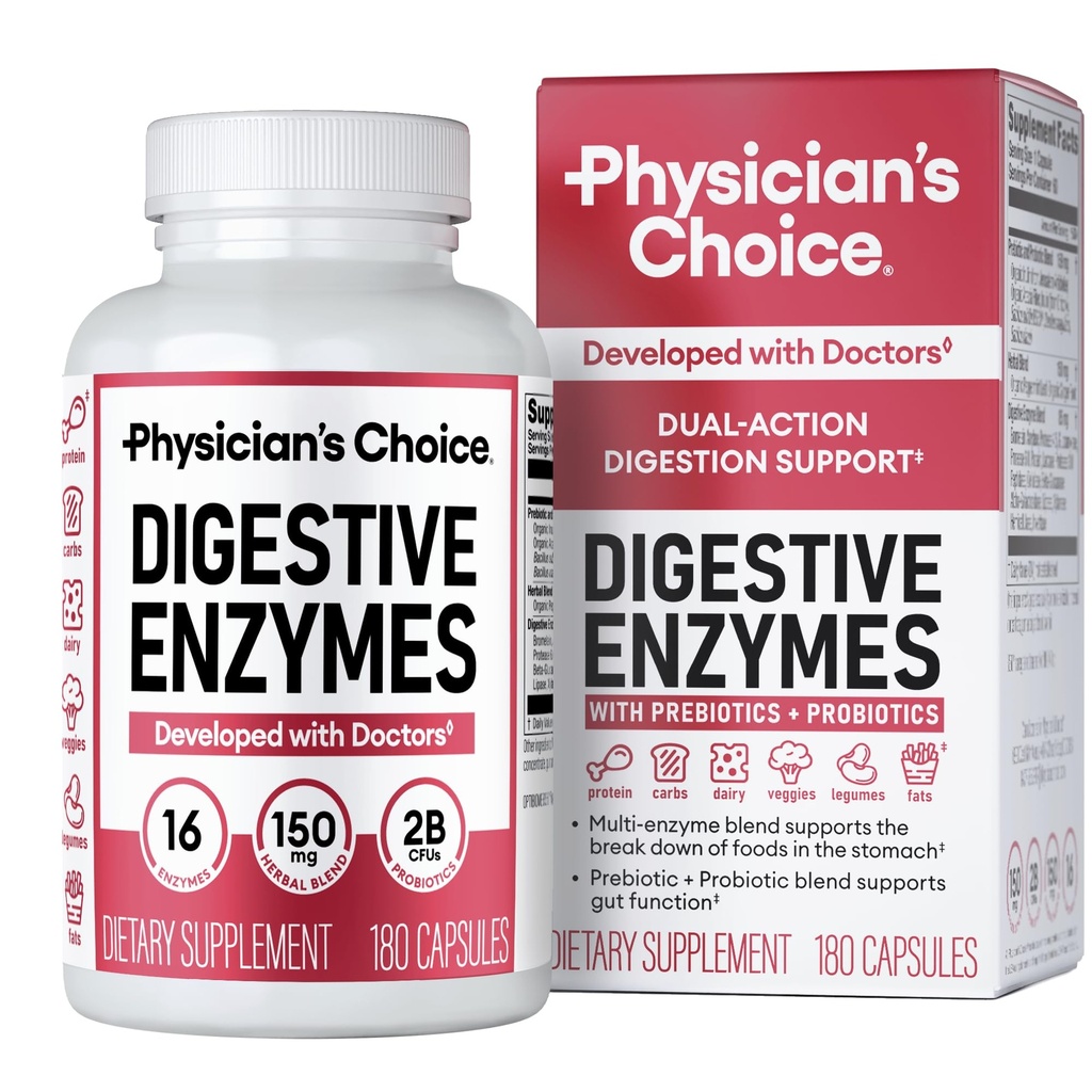 CHOIX Digestive Enzymes du médecin - Multienzymes, prébiotiques organiques et probiotiques pour la santé digestive et la santé gustative - Relief et ballonnement du temps des repas - double action - 180 CT
