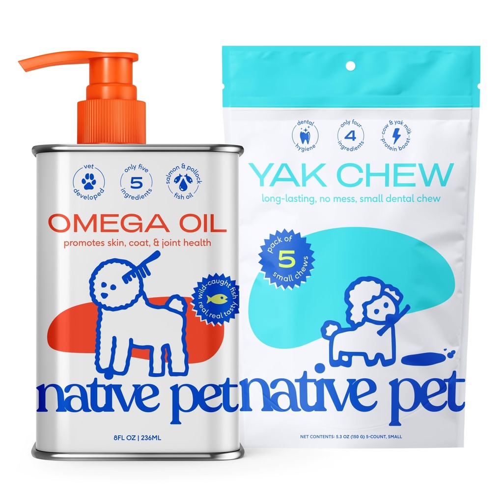 Native Pet Omega Oil voor honden - Visolie Supplementen 8 Oz & 5 Kleine Yak Kauwen voor honden