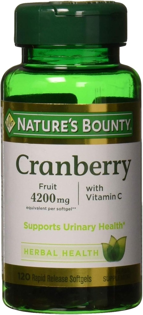 Nature's Bounty Cranberry, supplément santé à base de plantes avec vitamine C, soutient la santé urinaire, 4200mg, 120 Softgels