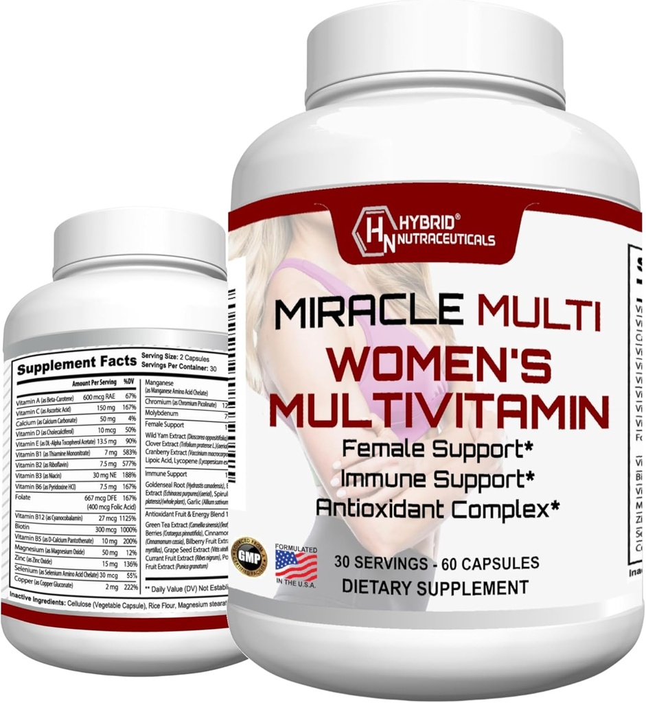 MiracleMulti Multivitamine voor vrouwen - vrouwelijke ondersteuning Formule, Immune Support, Mineralen, Biotine, Antioxidanten & Superfoods Blend 60 Capsules